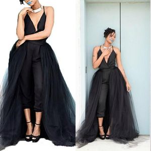Spaghetti Deep V Neck Tea Length Jumpsuit Evening Gowns with Tulle Detachable Train Pant Suit Party Prom Dresses