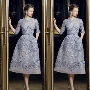 Elie Saab Evening Dresses Elegant Lace Applique A-Line Prom Gowns 3/4 Long Sleeve Tea Length Sexy Formal Party Celebrity Dress Customized 20