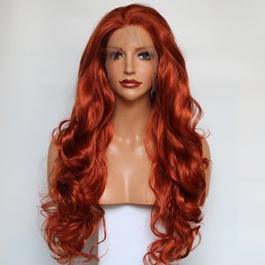 Peruca vermelha de cobre de 180densidade com cabelo bebê alta temperatura glúel ondulado cor laranja cor sintética perucas dianteiras de renda para mulheres negras cosplay