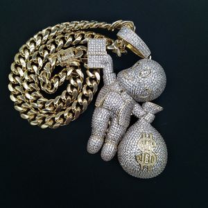 Ny personlig 18k guldpläterad hip hop tecknad pojke med stora pengar väska hängsmycke halsband twisted kedja iced out cz zirconia smycken gåvor