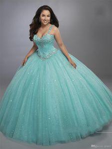 Ballkleid-Quinceanera-Kleider in Aqua-Salbei mit baskischer Bolero-Taille, glitzerndes, bauschiges Sweet-16-Kleid, freiliegendes Boning, glitzernd181q