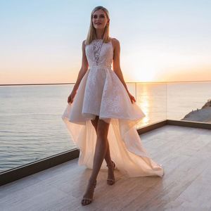 2019 Gorgeous Koronki Klejnot Kołnierz A-Line Wesele Recepcja Sukienka Hi-Lo Spódnice Suknie Ślubne Aplikacje Suknie Ślubne