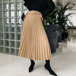 New design women's with belt sashes a-line pleated maxi long skirt plus size XS S M L solid color skirt