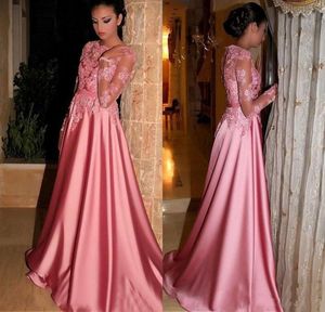 Elegant rosa lång prom klänningar med spets långärmad juvel illusion golv längd kvällsklänningar designer speciella tillfälle prom klänningar 2019