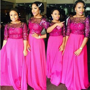 Wholesale plus size hot pink bridesmaid dresses resale online - African Hot Pink Lace Plus Size Bridesmaid Dresses Sexy Ruched Chiffon Wedding Guest Party Dress With Half Sleeves Evening Gowns