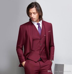 Ternos masculinos de casamento formal, feito sob medida, vinho profundo, vermelho, três peças, lapela entalhada, negócios, noivo, casamento (jaqueta + calça + colete)