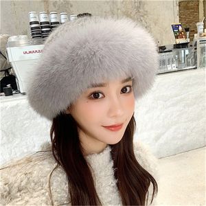 Mulheres Brim Cap Fur W real Fox elegante Inverno real Genuine Mink Fur Hat Malha Beanie earmuffs