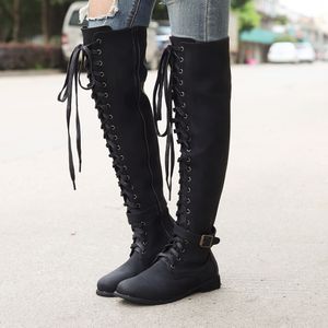 Hot Sale-Women Thigh High Boots Ladies Retro Round Toe Steampunk Gothic Vintage Style Low-heeled Shoes Lace-UP Long Tube Knight Boots