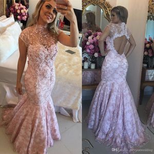 New Designer Pink Mermaid Evening Dresses Sheer Jewel Neck Beads Open Back Lace Elegant Evening Formal Dress Party Wear