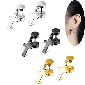 Titanium steel Dumbbell cross design Stud Earrings For Men Women Punk Crucifix Double sided Screw-back Hypoallergenic Dangle Earring Jewelry