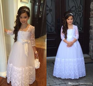 New Cute Princess Flower Girl Dress Illusion Lace Sleeves Beads Lovely Bow Long Formal Vintage Flowergirl Dress for Wedding First Communion