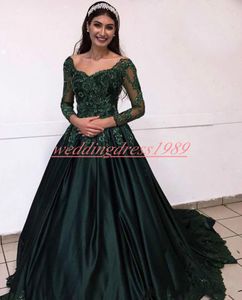 2022 Темно -зеленые вечерние платья с длинным рукавами с аппликационными блестками атласная арабская плюс размеры Robe de Soire