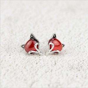 Wholesale turquoise animal resale online - 925 silver earrings female Korean version of the small fresh red garnet fox cute animal ear jewelry