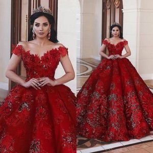 Árabes vestidos vermelhos de casamento 2020 A linha de laço floral 3D Vestidos Appliqued Ruffles País de noiva Trem da varredura Custom Made Bead Vestidos de Novia