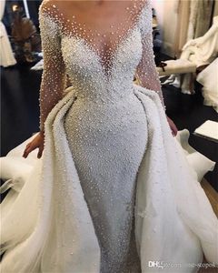 2020 Detachable Train Mermaid Wedding Dresses Vintage Sheer Long Sleeve Beaded Pearls Fitted Saudi Arabic Bridal Gowns High Quality