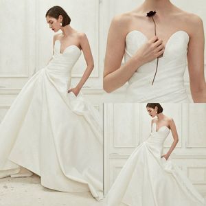 2020 Elegant Satin Wedding Dresses A Line Sweetheart Ruffles Sweep Train Boho Wedding Gowns Custom Made Oscar De La Renta Bridal Dress 4541
