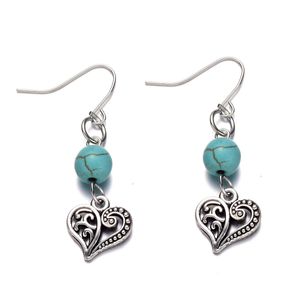 Fashion Vintage Alloy Heart-shaped Earrings Imitation Turquoise Charm Pendant Ear Hook DIY Creative Women Ladies Earrings Jewelry Best Gift