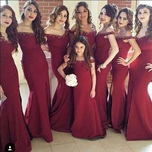 Off Shoulder Mermaid Bridesmaid Dresses Beads Side Split Dark Red Maid Of Honor Dresses Floor Length Satin Bridal Gowns Free Shipping