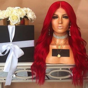 Red Body Wave Wig Free Part Synthetic Lace Front Wig Glueless 180% Density 26inch Long Wavy Heat Resistant Wigs For Black Women