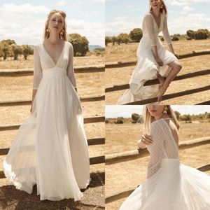 Abiti da sposa Boho Scollo a V Pizzo Una linea 3/4 maniche lunghe Vita alta Abito da sposa da spiaggia Sweep Train Custom Bohemian Abiti da sposa 4518