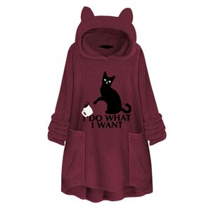 Kadınlar Plus Size Kış Kapüşonlular Kalınlaşmak Peluş Kapşonlu Sweatshirt Sevimli Kedi Karikatür Baskılı Gevşek Asimetrik Hem Tunik Kapüşonlular Moda