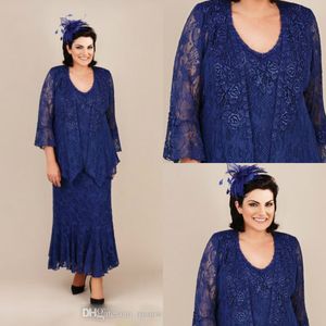 Größe Blau Plus Vintage Kleider für die Brautmutter mit Jacke, U-Ausschnitt, Mutter-Bräutigam-Kleid, günstige Abendkleider mit voller Spitze, Gr