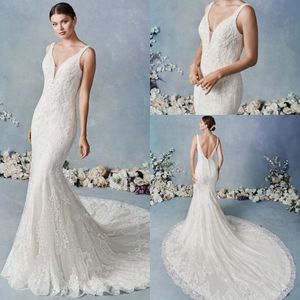 Luxury Mermaid Kenneth Winston Wedding Dresses V Neck Sleeveless Tulle Lace Applique Ruched Wrap Wedding Gown Sweep Train robe de mariée