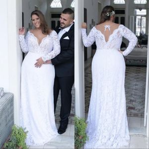 Vintage Dalma V Boyun Artı Boyutu Dantel Gelinlik Seksi Backless Uzun Kollu Gelinlikler Custom Made Vestido De Novia