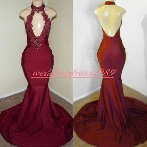 Sexig Burgundy Mermaid Keyhole Neck Prom Klänningar Baklösa halter 2019 Applique Juniors Real Image Party African Evening Lång Formella klänningar