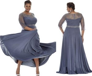 Grigio Plus Size Abiti per occasioni speciali Maniche trasparenti Abiti da sera con perline Abito per la madre della sposa Abito lungo più SD3425