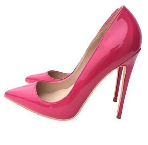 VENDA QUENTE - Couro de Patente Rosa-Vermelha 12cm Salto Super High Heel Shoes Mulheres Noiva Sapatos De Casamento Sapatos apontados STILETTO HALL STILETTO SHOOL SHOOL