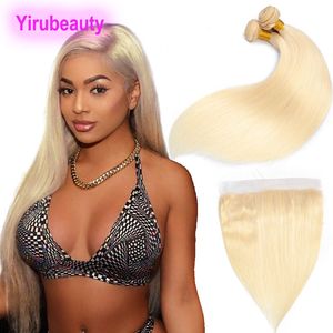 Indian Raw Virgin Hair 2 Bundle z koronkowymi przednimi 13x4 Preucked proste 613 kolor blondyn