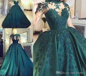 Vinatge Dark Green Long Sleeves Ball Gown Quinceanera Dresses Beading Lace Appliqued Satin Evening Gowns Plus Size Formal Party We239M