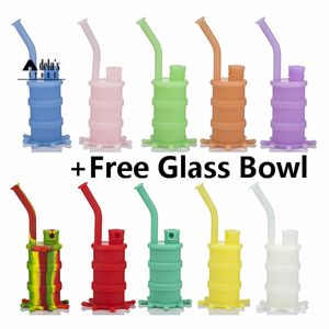 Silicone Drum Vattenrör Hookah Downstems Glas Skål Riggar Mini Silikon Bong Färgglada 4 delar Solid Lysande Bongs Rökning DHL