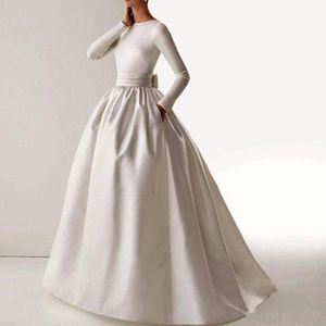 New Vintage Elegant O-Neck Long Sleeve Sash Bow Pockets Gown Long Arabic Muslim Evening Dress Vestidos de novia