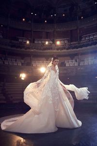 Elie Saab Wedding Dresses A Line Jewel Neck Sweep Train Lace Tulle Applique Beach Wedding Gowns Backless Long Sleeve Bridal Dress 4347