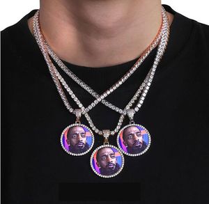14k skräddarsydd foto runda medaljonger hänge halsband 3mm tenniskedja sier guld färg zirkon män hiphop smycken