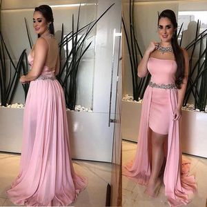 Beaded Jewel Neck Short Prom Dresses with Chiffon Overskirts Sexy See Through Back Cocktail Party Maid of Honor Gowns