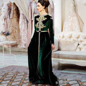 Мусульманин Вечерние платья Марокканский Кафтан с длинным рукавом из бисера Ceystals Sash Velvet Пром платья арабский Дубай Lace аппликациями Robe De Soiree