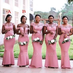 외피 핑크 2019 로즈 신부 들러리 드레스 바닥 길이의 깎아 지른듯한 목 레이스 아플리크 어깨 짧은 캡 소매 메이드 명예 가운