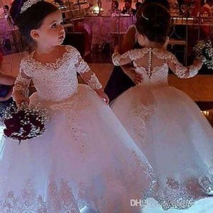 2019 Cute Jewel Neck Flower Girls Sukienki Z Długim Rękawem Back Cover Button Puffy Tulle Koronki Pierwsza Komunia Suknie Dziewczyny Pageant Suknie Custom