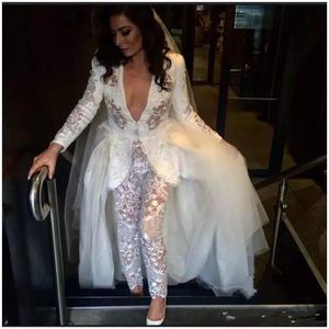 Sexy White Full Lace Jumpsuit Prom Dresses Sexy Plunging Neck Pearls Long Sleeves Plus Size Evening Gowns with detachable train