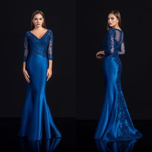 Royal Blue Mermaid Prom Dresses Satin V Neck Długą rękaw Suknia Wieczorowa Koronki Aplikacje Długość Party Suknie Szpuje De Soirée