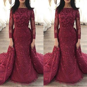 Sexig ny arabisk burgundy sjöjungfrun kvällsklänningar för kvinnor bär juvel nacke långärmad spets applikationer kristall pärlstav prom klänning festklänningar