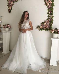 Garden Lace Beach Dresses Applique Cap Sleeves Sweep Train Tulle Wedding Dress Bridal Gowns Robe De Mariee Vestidos De Novia