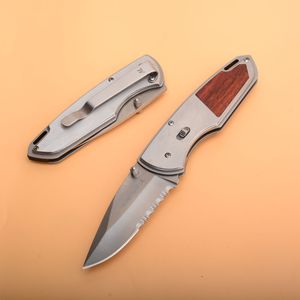 High Quality Survival Folder Knife 440C Half Serrated Satin Blade Wood + Steel Handle EDC Pocket Folding Knives