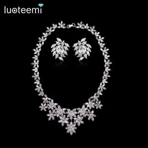 LUOTEEMI Fashion Women Luxury Big Flowers Chain Pendant Femel Necklace with High Grade Cubic Zircon Bridal Wedding Jewelry Sets