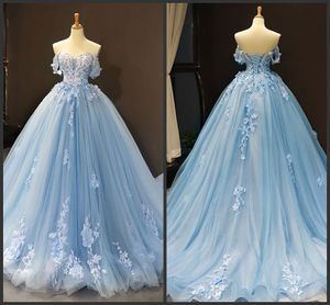 2020 Ny riktig bild Sky Blue Tulle En linje Boho Bröllopsklänningar Brudklänningar Lace Applique Vestidos de Novia Bröllopsklänningar