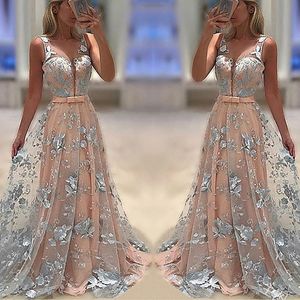 2019 Cheap Prom Dresses Evening Gowns Sexy Embroidered Flower Deep V Neck Sleeveless Backless A Line Ball Gown Long Formal Party Dress