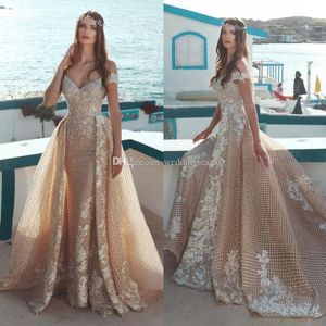 2019 Champagne Overskirt Lace Wedding Dresses Beaded A Line Off Shoulder Beach Bridals Gowns Sequined Bohemian Boho Vestidos De Noiva Custom